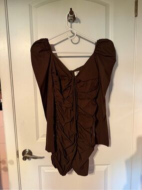 Zara Womens Brown Ruched Puff-Sleeve Dress
